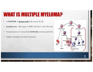 WHAT IS MULTIPLE MYELOMA?
• A CANCER of plasma cells (fully mature B cell)
• Lymphocytes: Main types of WBCs (B cells, T cells, NK cells)
• Overproduction of monoclonal Antibodies (immunoglobulins)
• Adaptive Immunity vs. Innate Immunity
3
 