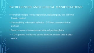 PATHOGENESIS AND CLINICAL MANIFESTATIONS:
• Vertebral collapse- cord compression, radicular pain, loss of bowel
bladder control
• Susceptibility to bacterial infection : 2nd Most common clinical
problem
• Most common infection-pneumonias and pyelonephritis
• > 75% patients will have a serious infection at some time in their
course
 