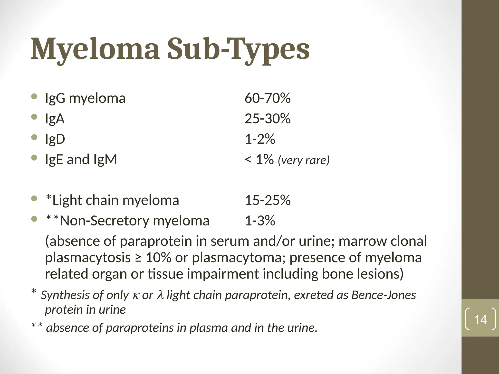 Myeloma Sub-Types
 IgG myeloma 60-70%
 IgA 25-30%
 IgD 1-2%
 IgE and IgM < 1% (very rare)
 *Light chain myeloma 15-25%
 **Non-Secretory myeloma 1-3%
(absence of paraprotein in serum and/or urine; marrow clonal
plasmacytosis ≥ 10% or plasmacytoma; presence of myeloma
related organ or tissue impairment including bone lesions)
* Synthesis of only  or  light chain paraprotein, exreted as Bence-Jones
protein in urine
** absence of paraproteins in plasma and in the urine.
14
 