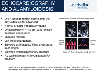 ECHOCARDIOGRAPHY
AND AL AMYLOIDOSIS
• LVEF tends to remain normal until the
amyloidosis is far advanced
• Normal or small ...