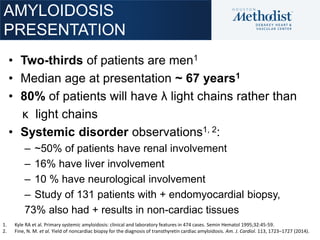 AMYLOIDOSIS
PRESENTATION
HIGHLIGHTS
• Two-thirds of patients are men1
• Median age at presentation ~ 67 years1
• 80% of pa...