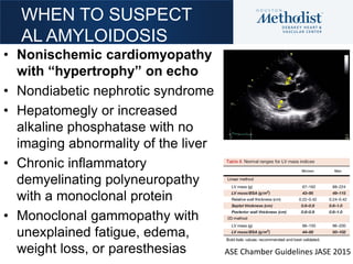 WHEN TO SUSPECT
AL AMYLOIDOSIS
• Nonischemic cardiomyopathy
with “hypertrophy” on echo
• Nondiabetic nephrotic syndrome
• ...