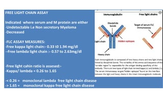 FREE LIGHT CHAIN ASSAY
Indicated where serum and M protein are either
-Undetectable i.e Non secretory Myeloma
-Decreased
-FLC ASSAY MEASURES:
-Free kappa light chain:- 0.33 t0 1.94 mg/dl
--Free lambda light chain :- 0.57 to 2.63mg/dl
-Free light cahin ratio is assesed:-
-Kappa/ lambda = 0.26 to 1.65
-< 0.26 = monoclonal lambda free light chain disease
-> 1.65 = monoclonal kappa free light chain disease
 