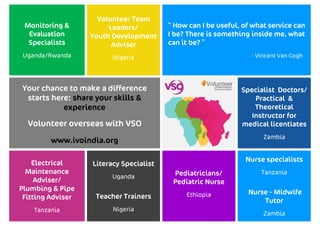  How can I be useful of what service can
Volunteer Team
d /Monitoring & How can I be useful, of what service can
I be? There is something inside me, what
can it be? 
Leaders/
Youth Development
Adviser
Monitoring &
Evaluation
Specialists
- Vincent Van GoghNigeriaUganda/Rwanda
Specialist Doctors/
Practical &
Your chance to make a difference
starts here: share your skills & Practical &
Theoretical
Instructor for
medical licentiates
starts here: share your skills &
experience
Volunteer overseas with VSO medical licentiates
Zambia
Volunteer overseas with VSO
www.ivoindia.org
Electrical
Maintenance
Literacy Specialist
Uganda
Nurse specialists
TanzaniaPediatricians/
Adviser/
Plumbing & Pipe
Fitting Adviser
Uganda
Teacher Trainers
Nurse - Midwife
Tutor
ed a c a s
Pediatric Nurse
Ethiopia
Tanzania Nigeria
Tutor
Zambia
 