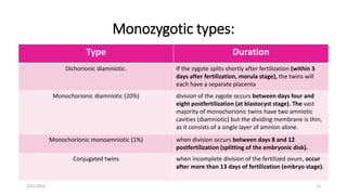 Monozygotic types:
Type Duration
Dichorionic diamniotic. If the zygote splits shortly after fertilization (within 3
days after fertilization, morula stage), the twins will
each have a separate placenta
Monochorionic diamniotic (20%) division of the zygote occurs between days four and
eight postfertilization (at blastocyst stage). The vast
majority of monochorionic twins have two amniotic
cavities (diamniotic) but the dividing membrane is thin,
as it consists of a single layer of amnion alone.
Monochorionic monoamniotic (1%) when division occurs between days 8 and 12
postfertilization (splitting of the embryonic disk).
Conjugated twins when incomplete division of the fertilized ovum, occur
after more than 13 days of fertilization (embryo stage).
2/01/2023 12
 