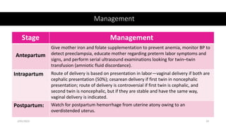 Management
2/01/2023 19
Stage Management
Antepartum
Give mother iron and folate supplementation to prevent anemia, monitor BP to
detect preeclampsia, educate mother regarding preterm labor symptoms and
signs, and perform serial ultrasound examinations looking for twin–twin
transfusion (amniotic fluid discordance).
Intrapartum Route of delivery is based on presentation in labor—vaginal delivery if both are
cephalic presentation (50%); cesarean delivery if first twin in noncephalic
presentation; route of delivery is controversial if first twin is cephalic, and
second twin is noncephalic, but if they are stable and have the same way,
vaginal delivery is indicated.
Postpartum: Watch for postpartum hemorrhage from uterine atony owing to an
overdistended uterus.
 