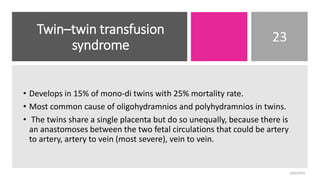 Twin–twin transfusion
syndrome
23
• Develops in 15% of mono-di twins with 25% mortality rate.
• Most common cause of oligohydramnios and polyhydramnios in twins.
• The twins share a single placenta but do so unequally, because there is
an anastomoses between the two fetal circulations that could be artery
to artery, artery to vein (most severe), vein to vein.
2/01/2023
 