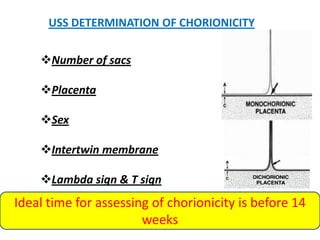 USS DETERMINATION OF CHORIONICITY


    Number of sacs

    Placenta

    Sex

    Intertwin membrane

    Lambda sign & T sign
Ideal time for assessing of chorionicity is before 14
                       weeks
 