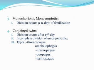 3. Monochorionic Monoamniotic:
I. Division occurs 9-12 days of fertilization
4. Conjoined twins:
I. Division occurs after 13th day
II. Incomplete division of embryonic disc
III. Types: -thoracopagus
- omphalophagus

-craniopagus
-pyopagus
-ischiopagus

 