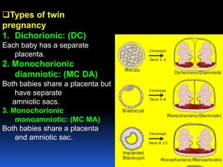 Types of twin
pregnancy
1. Dichorionic: (DC)
Each baby has a separate
placenta.
2. Monochorionic
diamniotic: (MC DA)
Both babies share a placenta but
have separate
amniotic sacs.
3. Monochorionic
monoamniotic: (MC MA)
Both babies share a placenta
and amniotic sac.
 