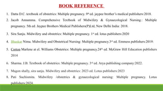 BOOK REFERENCE
1. Datta D.C. textbook of obstetrics: Multiple pregnancy. 9th
ed. jaypee brother’s medical publishers:2018.
2. Jacob Annamma. Comprehensive Textbook of Midwifery & Gynaecological Nursing.: Multiple
pregnancy. 5th ed. Jaypee Brothers Medical Publishers(P)Ltd, New Delhi India: 2018.
3. Sira Sanju. Midwifery and obstetrics: Multiple pregnancy. 1st
ed. lotus publishers:2020
4. Bhaskar Nima. Midwifery and Obstetrical Nursing: Multiple pregnancy.3rd
ed. Emmess publishers:2019:
5. Corton Marlene at el. Williams Obstetrics: Multiple pregnancy.24th
ed. McGraw Hill Education publishers
2014
6. Sharma. J.B. Textbook of obstetrics: Multiple pregnancy. 3rd
ed. Arya publishing company:2022.
7. Magon shally, sira sanju. Midwifery and obstetrics: 2023 ed. Lotus publishers:2023
8. Pati Suchismita. Midwifery /obstetrics & gynaecological nursing: Multiple pregnancy. Lotus
publishers:2024.
 
