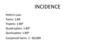 INCIDENCE
Hellin’s Law:
Twins: 1:89
Triplets: 1:892
Quadruplets: 1:893
Quintuplets: 1:894
Conjoined twins: 1 : 60,000
 