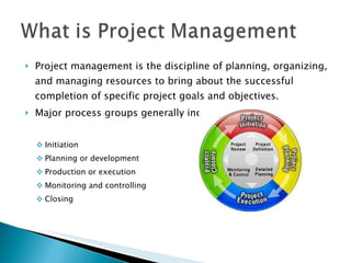 Project management is the discipline of planning, organizing, and managing resources to bring about the successful completion of specific project goals and objectives. Major process groups generally include: Initiation Planning or development Production or execution Monitoring and controlling Closing 