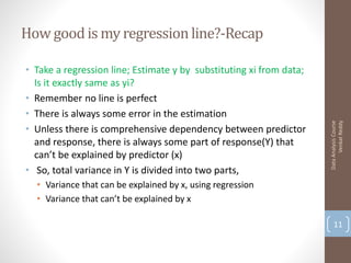 How good is my regression line?-Recap

• Take a regression line; Estimate y by substituting xi from data;
  Is it exactly same as yi?
• Remember no line is perfect
• There is always some error in the estimation




                                                                           Venkat Reddy
                                                                     Data Analysis Course
• Unless there is comprehensive dependency between predictor
  and response, there is always some part of response(Y) that
  can’t be explained by predictor (x)
• So, total variance in Y is divided into two parts,
  • Variance that can be explained by x, using regression
  • Variance that can’t be explained by x

                                                                         11
 