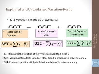 Explained and Unexplained Variation-Recap

   • Total variation is made up of two parts:

    SST                          SSE                          SSR
 • Total sum of                   Sum of Squares                 Sum of Squares
                                      Error                        Regression




                                                                                             Venkat Reddy
                                                                                       Data Analysis Course
   Squares


SST   ( y  y)        2
                               SSE   ( y  y)
                                             ˆ            2
                                                                SSR   ( y  y)2
                                                                          ˆ

 SST :Measures the variation of the yi values around their mean y
 SSE : Variation attributable to factors other than the relationship between x and y
 SSR: Explained variation attributable to the relationship between x and y                 12
 