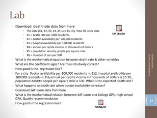 Lab
• Download death rate data from here
         •   The data (X1, X2, X3, X4, X5) are by city. Total 50 cities data
         •   X1 = death rate per 1000 residents
         •   X2 = doctor availability per 100,000 residents
         •   X3 = hospital availability per 100,000 residents
         •   X4 = annual per capita income in thousands of dollars
         •   X5 = population density people per square mile
         •   X6 = Number of cars per 500




                                                                                                   Venkat Reddy
                                                                                             Data Analysis Course
•   What is the mathematical equation between death rate & other variables
•   What are the coefficient signs? Are they intuitively correct?
•   How good is the regression line?
•   For a city Doctor availability per 100,000 residents is 112, hospital availability per
    100,000 residents is 316,annual per capita income in thousands of dollars is 10.39 ,
    population density people per square mile is 106. What is the expected death rate?
•   What happens to death rate when doctor availability increases?
•   Download SAT score data from here
•   What is the mathematical relation between SAT score and College GPA, High school
    GPA, Quality recommendation
                                                                                                 14
•   How good is the regression line?
 