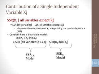 Contribution of a Single Independent
Variable Xj
SSR(Xj | all variables except Xj)
  = SSR (all variables) – SSR(all variables except Xj)
      • Measures the contribution of Xj in explaining the total variation in Y
        (SST)
• Consider here a 3-variable model:




                                                                                       Venkat Reddy
                                                                                 Data Analysis Course
       SSR(X1 | X2 and X3)
    = SSR (all variablesX1-x3) – SSR(X2 and X3)


                 SSRUR                          SSRR
                 Model                          Model
                                                                                     24
 