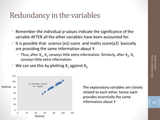 Redundancy in the variables
          • Remember the individual p-values indicate the significance of the
            variable AFTER all the other variables have been accounted for.
          • It is possible that science (x1) score and maths score(x2) basically
            are providing the same information about Y.
            • Thus, after X1, X2 conveys little extra information. Similarly, after X2, X1




                                                                                                     Venkat Reddy
                                                                                               Data Analysis Course
              conveys little extra information.
          • We can see this by plotting X1 against X2



Science                                                The explanatory variables are closely
                                                       related to each other, hence each
                                                       provides essentially the same
                                                       information about Y.                        26


                        Science
 