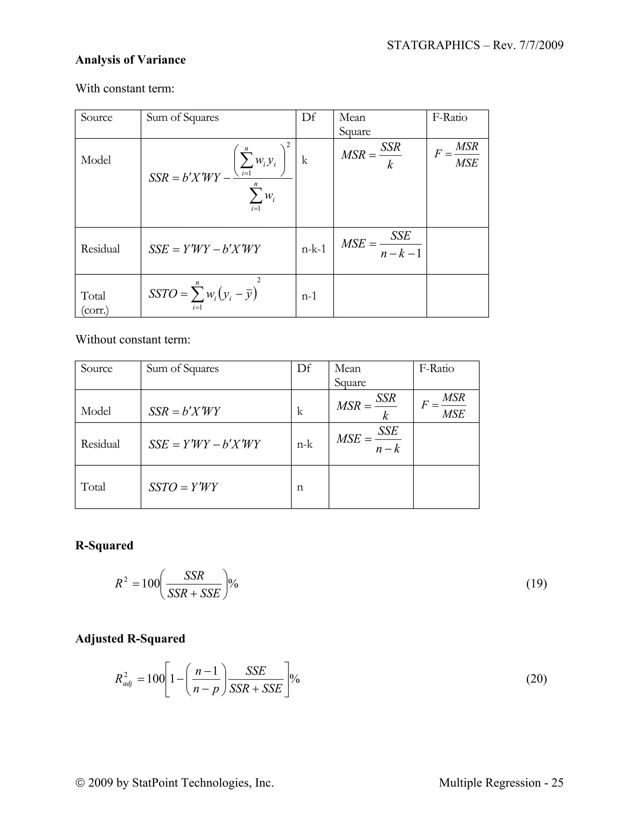 STATGRAPHICS – Rev. 7/7/2009
 2009 by StatPoint Technologies, Inc. Multiple Regression - 25
Analysis of Variance
With constant term:
Source Sum of Squares Df Mean
Square
F-Ratio
Model










 n
i
i
n
i
ii
w
yw
WYXbSSR
1
2
1
k k
SSR
MSR 
MSE
MSR
F 
Residual WYXbWYYSSE  n-k-1 1

kn
SSE
MSE
Total
(corr.)
 
2
1


n
i
ii yywSSTO n-1
Without constant term:
Source Sum of Squares Df Mean
Square
F-Ratio
Model WYXbSSR  k k
SSR
MSR 
MSE
MSR
F 
Residual WYXbWYYSSE  n-k kn
SSE
MSE


Total WYYSSTO  n
R-Squared
%1002








SSESSR
SSR
R (19)
Adjusted R-Squared
%
1
11002















SSESSR
SSE
pn
n
Radj (20)
 