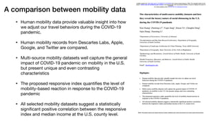 A comparison between mobility data
• Human mobility data provide valuable insight into how
we adjust our travel behaviors during the COVID-19
pandemic. 

• Human mobility records from Descartes Labs, Apple,
Google, and Twitter are compared. 

• Multi-source mobility datasets well capture the general
impact of COVID-19 pandemic on mobility in the U.S.
but present unique and even contrasting
characteristics 

• The proposed responsive index quantifies the level of
mobility-based reaction in response to the COVID-19
pandemic 

• All selected mobility datasets suggest a statistically
significant positive correlation between the responsive
index and median income at the U.S. county level.
 