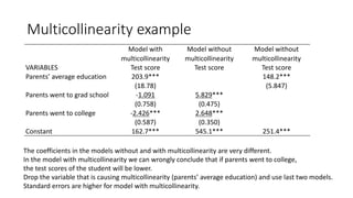 Multicollinearity example
Model with
multicollinearity
Model without
multicollinearity
Model without
multicollinearity
VARIABLES Test score Test score Test score
Parents’ average education 203.9*** 148.2***
(18.78) (5.847)
Parents went to grad school -1.091 5.829***
(0.758) (0.475)
Parents went to college -2.426*** 2.648***
(0.587) (0.350)
Constant 162.7*** 545.1*** 251.4***
The coefficients in the models without and with multicollinearity are very different.
In the model with multicollinearity we can wrongly conclude that if parents went to college,
the test scores of the student will be lower.
Drop the variable that is causing multicollinearity (parents’ average education) and use last two models.
Standard errors are higher for model with multicollinearity.
 