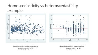 Homoscedasticity vs heteroscedasticity
example
-10
-5
0
5
10
15
Residuals
0 5 10 15 20
educ
-10
-5
0
5
10
15
Residuals,
uhat
0 10 20 30 40 50
exper
Homoscedasticity for experience
𝑣𝑣𝑣𝑣𝑣𝑣 𝑢𝑢 𝑒𝑒𝑒𝑒𝑒𝑒𝑒𝑒𝑒𝑒 = 𝜎𝜎2
Heteroscedasticity for education
𝑣𝑣𝑣𝑣𝑣𝑣 𝑢𝑢 𝑒𝑒𝑒𝑒𝑒𝑒𝑒𝑒 ≠ 𝜎𝜎2
 