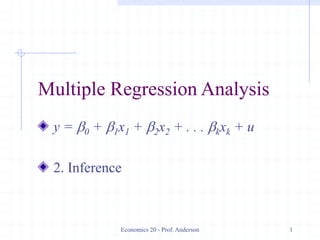 Economics 20 - Prof. Anderson 1
Multiple Regression Analysis
y = b0 + b1x1 + b2x2 + . . . bkxk + u
2. Inference
 