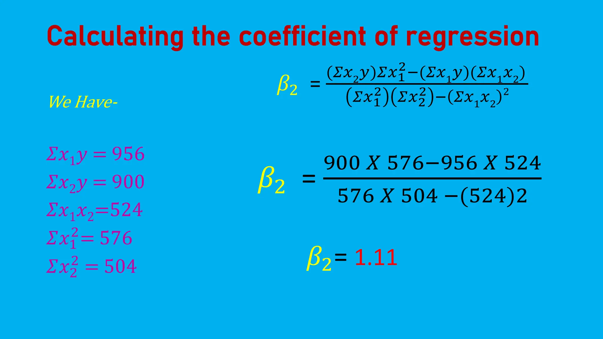 Calculating the coefficient of regression
We Have-
𝛴𝑥1𝑦 = 956
𝛴𝑥2𝑦 = 900
𝛴𝑥1𝑥2=524
𝛴𝑥1
2
= 576
𝛴𝑥2
2
= 504
𝛽2 =
(𝛴𝑥2
𝑦)𝛴𝑥1
2−(𝛴𝑥1
𝑦)(𝛴𝑥1
𝑥2
)
𝛴𝑥1
2 𝛴𝑥2
2 − 𝛴𝑥1𝑥2
2
𝛽2 =
900 𝑋 576−956 𝑋 524
576 𝑋 504 −(524)2
𝛽2= 1.11
 