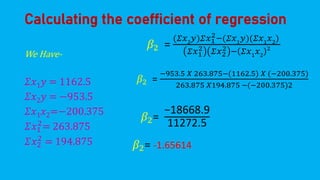 Calculating the coefficient of regression
We Have-
𝛴𝑥1𝑦 = 1162.5
𝛴𝑥2𝑦 = −953.5
𝛴𝑥1𝑥2=−200.375
𝛴𝑥1
2
= 263.875
𝛴𝑥2
2
= 194.875
𝛽2 =
(𝛴𝑥2
𝑦)𝛴𝑥1
2−(𝛴𝑥1
𝑦)(𝛴𝑥1
𝑥2
)
𝛴𝑥1
2 𝛴𝑥2
2 − 𝛴𝑥1𝑥2
2
𝛽2 =
−953.5 𝑋 263.875−(1162.5) 𝑋 (−200.375)
263.875 𝑋194.875 −(−200.375)2
𝛽2=
−18668.9
11272.5
𝛽2= -1.65614
 