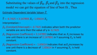 Substituting the values of 𝛽0, 𝛽1and 𝛽2 into the regression
model we can get the equation of line of best fit , Thus
Estimate Dependent Variable Value= ෠
𝑌
෠
𝑌 = -6.7425 + 3.147893 𝑋1- 1.65614 𝑋2
Interpretation –
𝛽0 (Constant/Intercept) = -6.7425 indicates when both the predictor
variable are zero then the value of y is -6.7425
𝛽1 (Regression Coefficient) = 3.147893 indicates that as 𝑋1increases by
one unit there is an increase of 3.147893 in Y assuming 𝑋2 is held
constant.
𝛽2 (Regression Coefficient) = - 1.65614 indicates that as𝑋2increases by
one unit there is a decrease of 1.65614 in Y assuming 𝑋1 is held
constant.
 