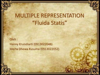 MULTIPLE REPRESENTATION
        “Fluida Statis”

Oleh :
Hanny Kruisdiarti (0913022048)
Merta Dhewa Kusuma (0913022052)
 