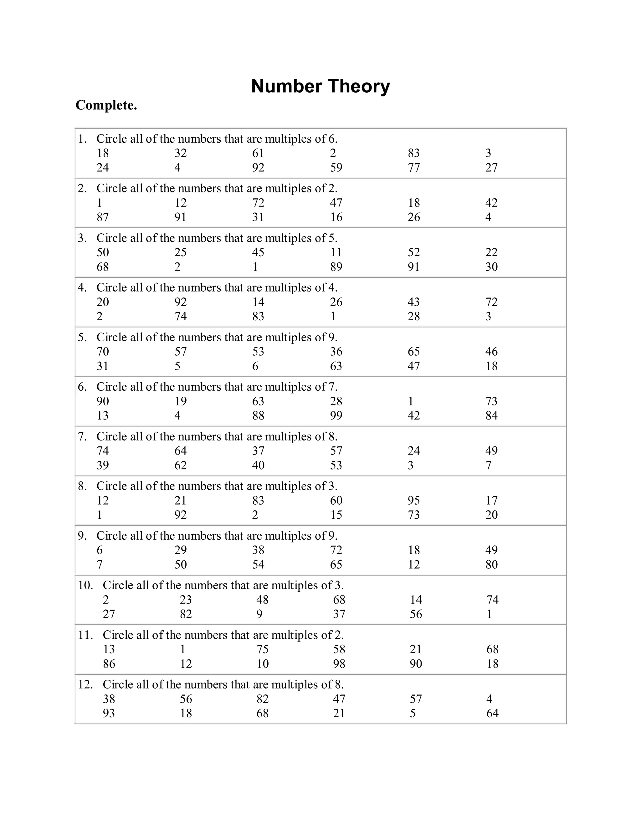 Number Theory
Complete.

1. Circle all of the numbers that are multiples of 6.
   18               32             61              2     83   3
   24               4              92              59    77   27
2. Circle all of the numbers that are multiples of 2.
   1                12             72              47    18   42
   87               91             31              16    26   4
3. Circle all of the numbers that are multiples of 5.
   50               25             45              11    52   22
   68               2              1               89    91   30
4. Circle all of the numbers that are multiples of 4.
   20               92             14              26    43   72
   2                74             83              1     28   3
5. Circle all of the numbers that are multiples of 9.
   70               57             53              36    65   46
   31               5              6               63    47   18
6. Circle all of the numbers that are multiples of 7.
   90               19             63              28    1    73
   13               4              88              99    42   84
7. Circle all of the numbers that are multiples of 8.
   74               64             37              57    24   49
   39               62             40              53    3    7
8. Circle all of the numbers that are multiples of 3.
   12               21             83              60    95   17
   1                92             2               15    73   20
9. Circle all of the numbers that are multiples of 9.
   6                29             38              72    18   49
   7                50             54              65    12   80
10. Circle all of the numbers that are multiples of 3.
    2                23             48             68    14   74
    27               82             9              37    56   1
11. Circle all of the numbers that are multiples of 2.
    13               1              75             58    21   68
    86               12             10             98    90   18
12. Circle all of the numbers that are multiples of 8.
    38               56             82             47    57   4
    93               18             68             21    5    64
 