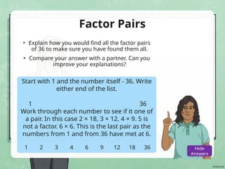 Factor Pairs
• Explain how you would find all the factor pairs
of 36 to make sure you have found them all.
• Compare your answer with a partner. Can you
improve your explanations?
Show
Answers
Hide
Answers
Start with 1 and the number itself - 36. Write
either end of the list.
1 36
Work through each number to see if it one of
a pair. In this case 2 × 18, 3 × 12, 4 × 9. 5 is
not a factor. 6 × 6. This is the last pair as the
numbers from 1 and from 36 have met at 6.
1 2 3 4 6 9 12 18 36
 