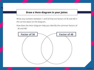 Draw a Venn diagram in your jotter.
Write any numbers between 1 and 50 that are factors of 36 and 48 in
the correct place on the diagram.
How does the Venn diagram help you identify the common factors of
36 and 48?
Factor of 36 Factor of 48
 