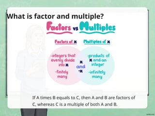 If A times B equals to C, then A and B are factors of
C, whereas C is a multiple of both A and B.
What is factor and multiple?
 