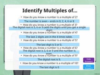 Identify Multiples of…
• How do you know a number is a multiple of 2?
• How do you know a number is a multiple of 3?
• How do you know a number is a multiple of 4?
•
• How do you know a number is a multiple of 5?
• How do you know a number is a multiple of 6?
• How do you know a number is a multiple of 9?
• How do you know a number is a multiple of 10?
Show
Answers
Hide
Answers
The number is even – ends in 0, 2, 4, 6 or 8
The digital root is 3, 6 or 9 (add the digits until you get a single
digit)
The last 2 digits are in the 4 times table.
The last digit is 5 or 0.
The digital root is 3, 6 or 9 and the number is
even.
The digital root is 9.
The last digit is 0
 
