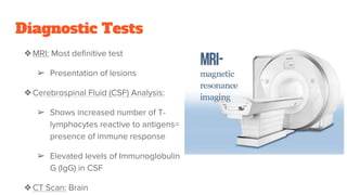 Diagnostic Tests
❖MRI: Most definitive test
➢ Presentation of lesions
❖Cerebrospinal Fluid (CSF) Analysis:
➢ Shows increased number of T-
lymphocytes reactive to antigens=
presence of immune response
➢ Elevated levels of Immunoglobulin
G (IgG) in CSF
❖CT Scan: Brain
 