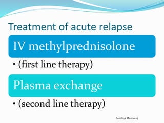 Treatment of acute relapse
IV methylprednisolone
• (first line therapy)
Plasma exchange
• (second line therapy)
Sandhya Manorenj
 