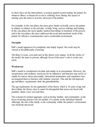 In short, these are the interventions or actions geared toward treating the patient for
whatever illness or disease he or she is suffering from. During this aspect of
nursing care, the nurse is an active advocate of the patient.
For example, in the care phase, the nurse gives hands-on bodily care to the patient
in relation in relation to the activities of daily living such as toileting and bathing.
In the cure phase, the nurse applies medical knowledge to treatment of the person,
and in the core phase, the nurse addresses the social and emotional needs of the
patient for effective communication and a comfortable environment.
Strengths
Hall’s model appears to be completely and simply logical. Her work may be
viewed as the philosophy of nursing.
The three Cs (care, core and cure) in this theory were unique. In all the circles of
the model, the nurse is present, although focus of the nurse’s role is on the care
circle.
Weaknesses
Hall’s model is considered to be plain and simple in its presentation. However, the
receptiveness and resilience necessary for its utilization and function may not be so
simple for nurses whose personality, educational preparation, and experience have
not prepared them to function with minimal structure. This and the self-imposed
age and illness requirements limit the generalizability.
The age requirement for the application of her theory which is 16 years of age and
above limits the theory since it cannot be disregarded that nurses are faced with
pediatric clients every now and then.
The conceptof a patient aggregate such as having families and communities as the
focus of nursing practice was not tackled. It is purely on the individual himself.
Although, the role of the family or the community within the patient’s environment
was modestly discussed.
 