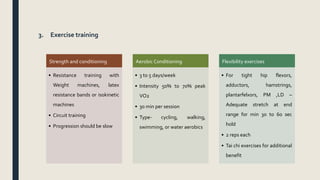 3. Exercise training
Strength and conditioning
• Resistance training with
Weight machines, latex
resistance bands or isokinetic
machines
• Circuit training
• Progression should be slow
Aerobic Conditioning
• 3 to 5 days/week
• Intensity 50% to 70% peak
VO2
• 30 min per session
• Type- cycling, walking,
swimming, or water aerobics
Flexibility exercises
• For tight hip flexors,
adductors, hamstrings,
plantarfelxors, PM ,LD –
Adequate stretch at end
range for min 30 to 60 sec
hold
• 2 reps each
• Tai chi exercises for additional
benefit
 