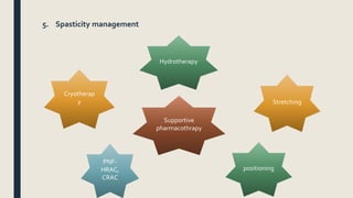 5. Spasticity management
Cryotherap
y
PNF-
HRAC,
CRAC
positioning
Stretching
Hydrotherapy
Supportive
pharmacothrapy
 