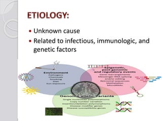  Unknown cause
 Related to infectious, immunologic, and
genetic factors
 