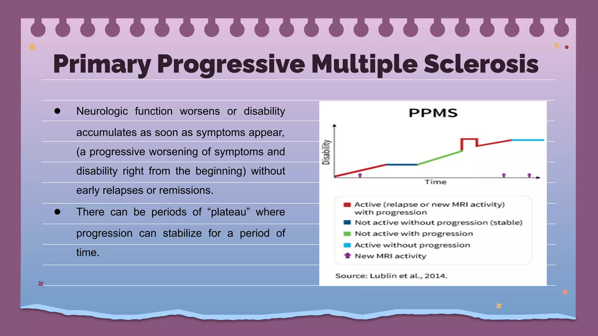● Neurologic function worsens or disability
accumulates as soon as symptoms appear,
(a progressive worsening of symptoms and
disability right from the beginning) without
early relapses or remissions.
● There can be periods of “plateau” where
progression can stabilize for a period of
time.
Primary Progressive Multiple Sclerosis
 