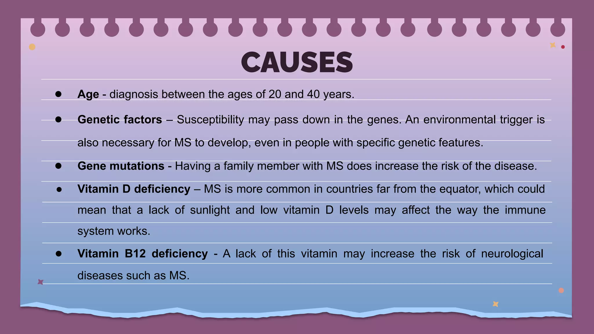 ● Age - diagnosis between the ages of 20 and 40 years.
● Genetic factors – Susceptibility may pass down in the genes. An environmental trigger is
also necessary for MS to develop, even in people with specific genetic features.
● Gene mutations - Having a family member with MS does increase the risk of the disease.
● Vitamin D deficiency – MS is more common in countries far from the equator, which could
mean that a lack of sunlight and low vitamin D levels may affect the way the immune
system works.
● Vitamin B12 deficiency - A lack of this vitamin may increase the risk of neurological
diseases such as MS.
CAUSES
 