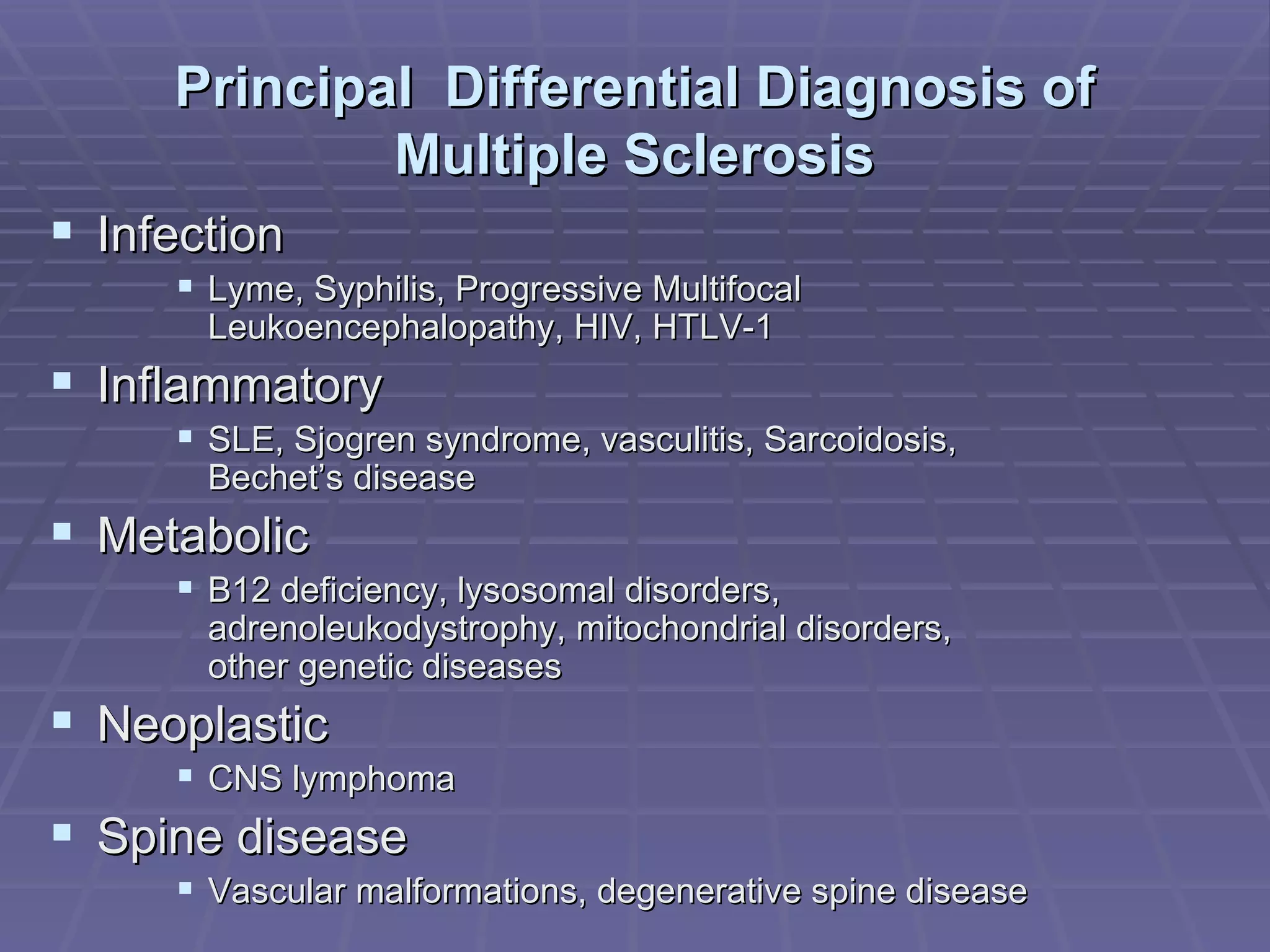 Principal  Differential Diagnosis of Multiple Sclerosis Infection Lyme, Syphilis, Progressive Multifocal Leukoencephalopathy, HIV, HTLV-1 Inflammatory SLE, Sjogren syndrome, vasculitis, Sarcoidosis, Bechet’s disease Metabolic B12 deficiency, lysosomal disorders, adrenoleukodystrophy, mitochondrial disorders,  other genetic diseases Neoplastic CNS lymphoma Spine disease Vascular malformations, degenerative spine disease 