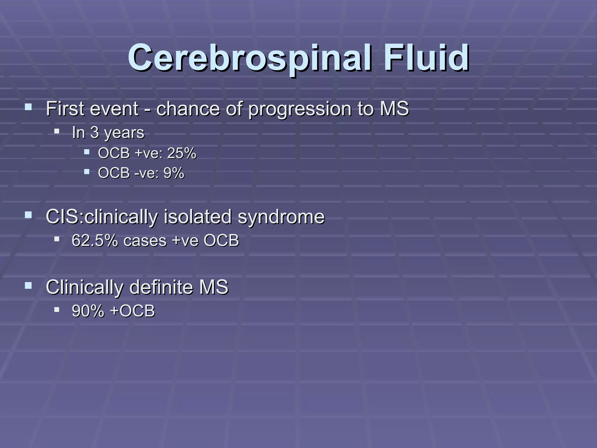 Cerebrospinal Fluid First event - chance of progression to MS In 3 years OCB +ve: 25% OCB -ve: 9% CIS:clinically isolated syndrome 62.5% cases +ve OCB Clinically definite MS 90% +OCB 