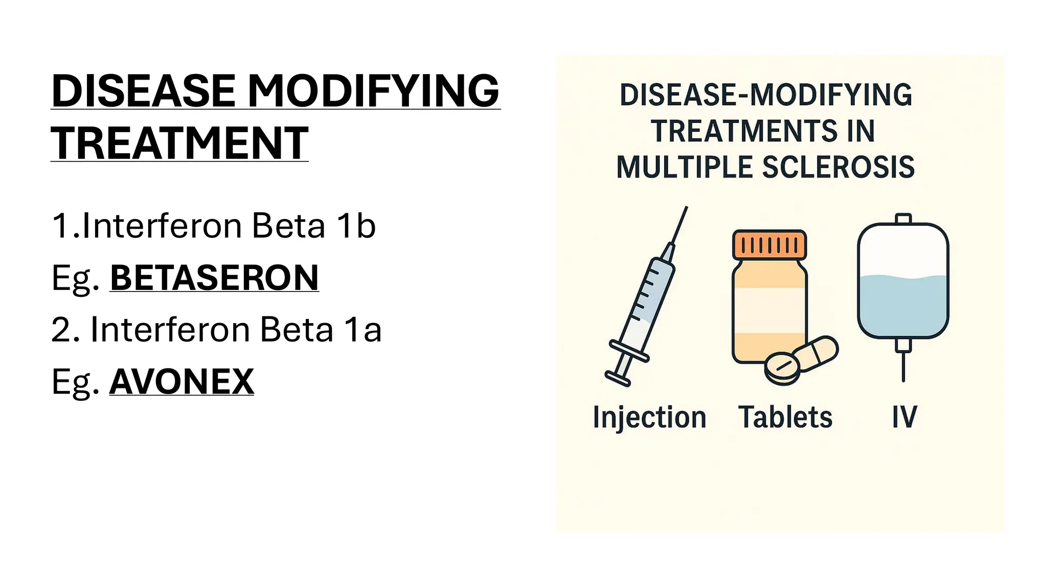 DISEASE MODIFYING
TREATMENT
1.Interferon Beta 1b
Eg. BETASERON
2. Interferon Beta 1a
Eg. AVONEX
 