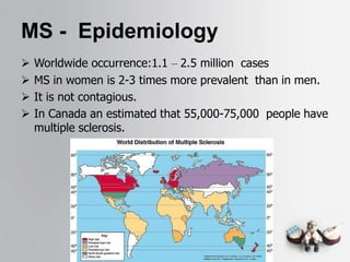 MS - Epidemiology
 Worldwide occurrence:1.1 – 2.5 million cases
 MS in women is 2-3 times more prevalent than in men.
 It is not contagious.
 In Canada an estimated that 55,000-75,000 people have
multiple sclerosis.
 