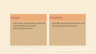 Fatigue
• Fast trains of impulses cannot be
transmitted by partially
demyelinated axons
Parathesia
• partially demyelinated axons can
discharge spontaneously
 