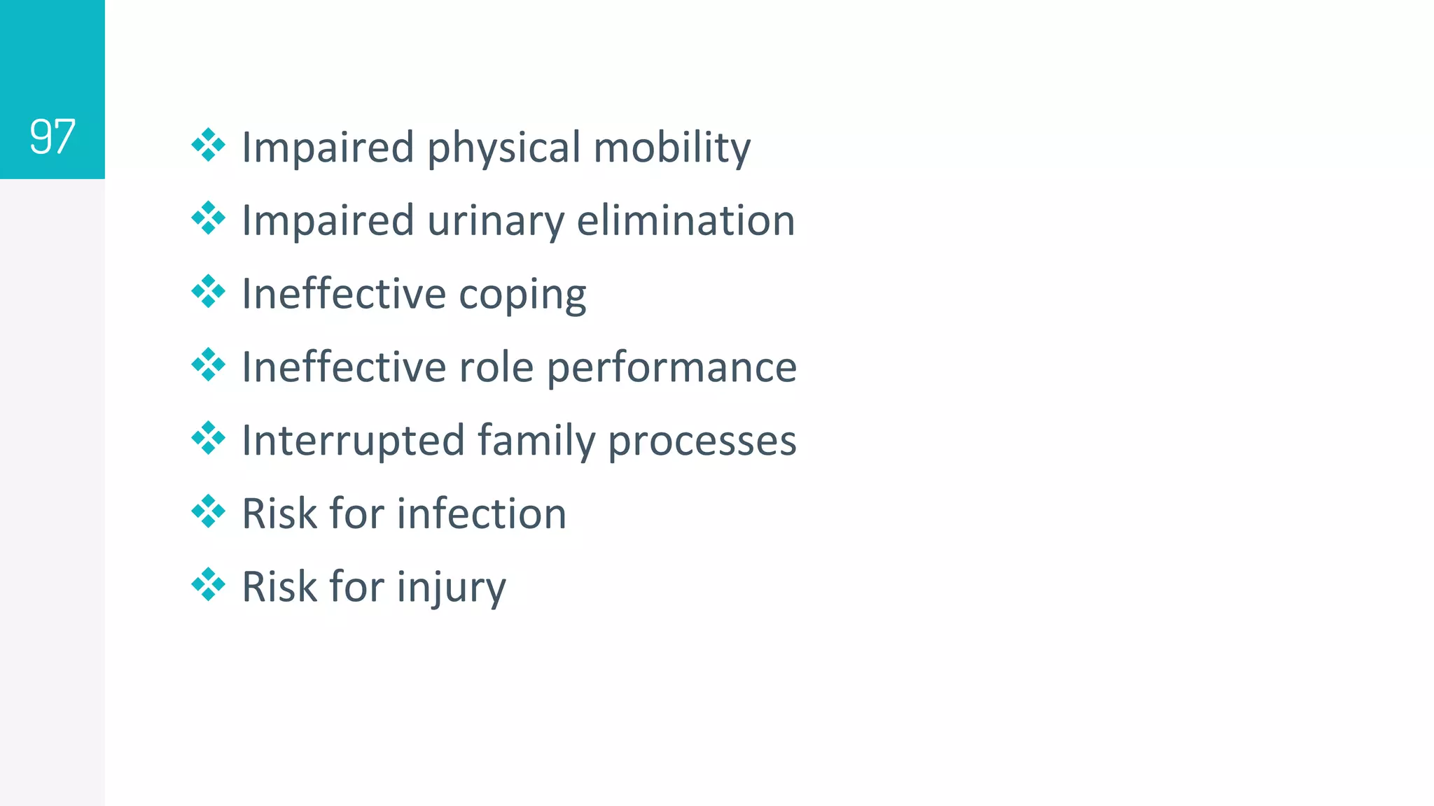  Impaired physical mobility
 Impaired urinary elimination
 Ineffective coping
 Ineffective role performance
 Interrupted family processes
 Risk for infection
 Risk for injury
97
 